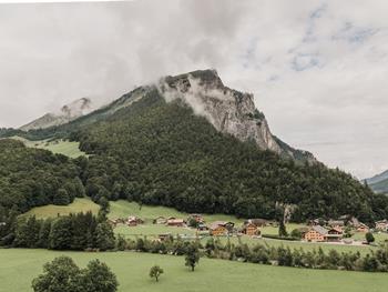 Der Bregenzerwald mit grünen Wiesen und Bergen.